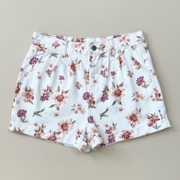 American Eagle Pleated White Denim Floral High-Rise Shorts - Picture 1 of 9